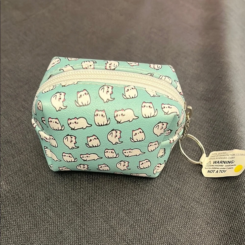 Cute Cat Print Small Coin Pouch - Blue
